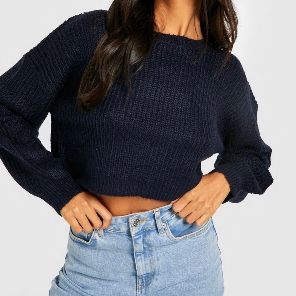 Forever 21 Navy Knitted Long Sleeve Crop Top